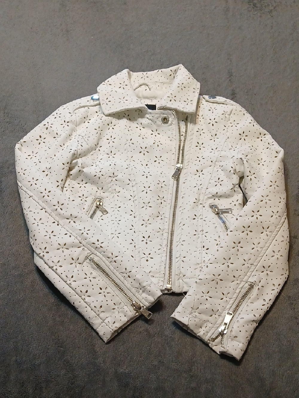 Girls Me Jane White Laser-Cut Moto Jacket with Silver Zippers